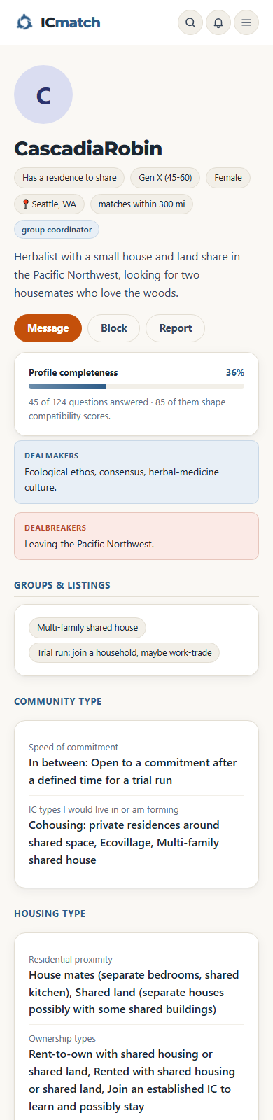 A member profile with the Message button